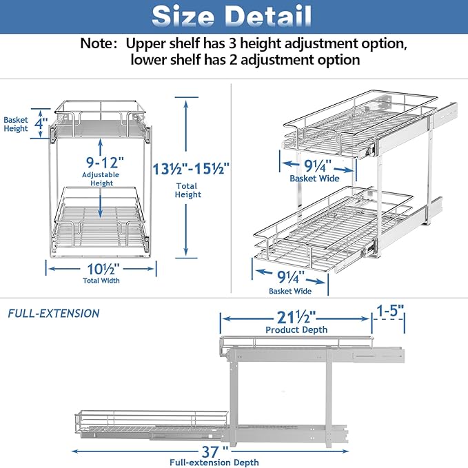 2 Tier Individual Pull Out Cabinet Organizer 10½" W x 21½" D, Heavy Duty Cabinet Pull Out Shelves, Slide Out Drawers Organization for Kitchen Cabinets Bathroom
