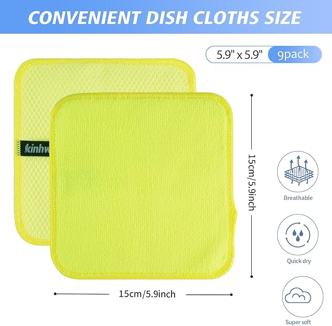 KinHwa Kitchen Washcloths for Dishes Absorbent Microfiber Dish Cloths Quick Dry Dish Rags with Poly Scour Scrub Side Ideal for Kitchen Cleaning (Mixing Colors #1, 6inchx6inch 9 Pack)
