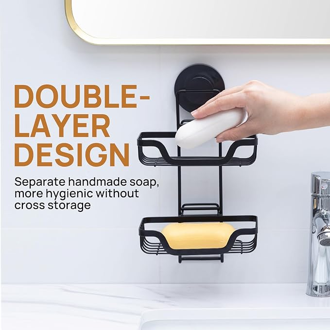 LEVERLOC 2 Tier Soap Holder, Soap Bar Dish for Shower Wall Mounted, Stainless Steel Suction Cup Sponge Holder for Bathroom Bathtub Kitchen Sink, Waterproof, Removable, Keep Dry, Black
