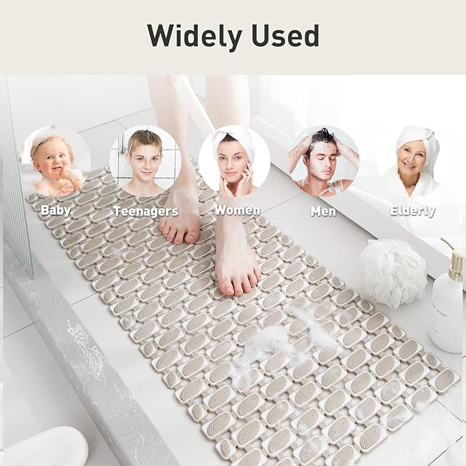 Shower Mat Non Slip Bathtub Mat - 36" x 16" Eco-Friendly Soft Bath Mat for Tub Non Slip Shower Mats for Inside Shower with Suction Cups and Drain Holes, Easy to Clean Quick-Drying, Brown