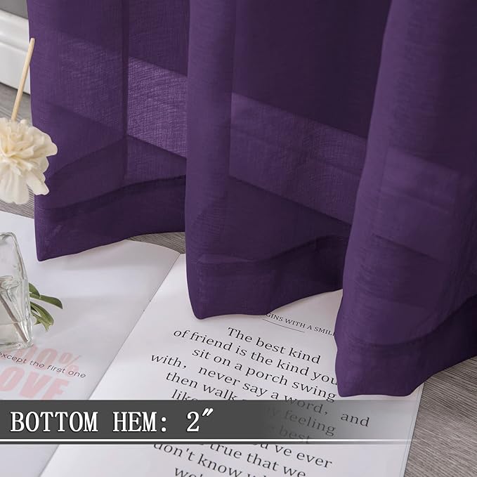 Tollpiz Sheer Curtains Living Room Linen Textured Curtain Sheers Light Filtering Voile Rod Pocket Curtains for Bedroom, 38 x 63 inches Long, Royal Purple, Set of 2 Panels