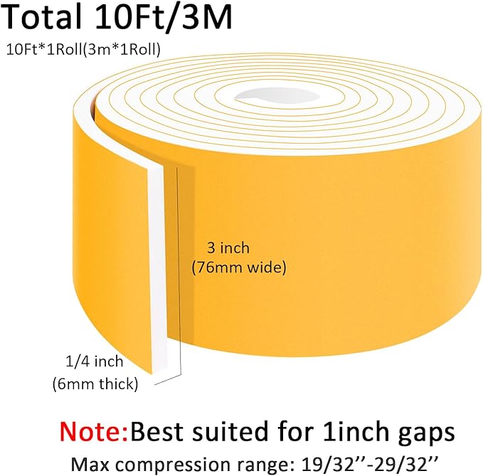 High Density Foam Weather Stripping Door Seal Strip, Insulation Tape Roll for Insulating Door Frame, Window, Air Conditioner, Strong Self Adhesive Sealing Weatherstrip (3 in x 1/4 in x 10 Ft)