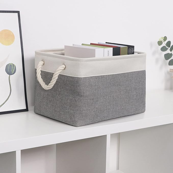 HNZIGE Large Fabric Storage Baskets (3 Pack) - Foldable Gift Baskets with Rope Handles, Decorative Organizers for Home (White & Gray, 15" x 11" x 9.5")