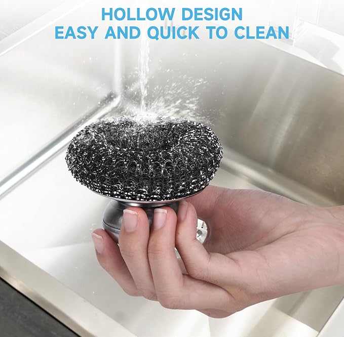 6Pcs Steel Wool Scrubber, Stainless Steel Scrubber with Handle for Cleaning Kitchen and Household Stubborn Messes from Stoves Pans Pots Grill Sink with Replacement Wire Brush Set (3 Pcs+3 Replacement)