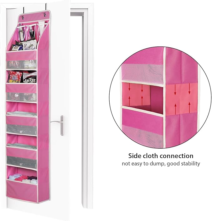 Univivi 6-Shelf Over Door Hanging Organizer Fabric Baby Door Storage with 5 Large Pockets and 3 Small PVC Pockets Wall Mount Hanging Storage Organizers for Baby Essential (Pink)