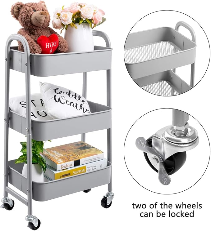 AGTEK Makeup Cart, Movable Rolling Organizer Cart, 3 Tier Metal Utility Cart, Grey