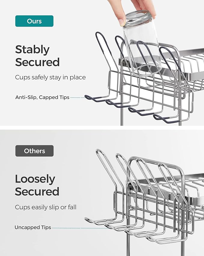 SONGMICS Dish Drying Rack - 2 Tier Dish Rack for Kitchen Counter with Rotatable and Extendable Drain Spout, Dish Drainer with Utensil, Cup, Glass, Cutting Board Holders, Silver and Gray UKCS032E01