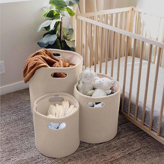 PUTSKA Basket – Round Storage for Toys and Clothes, Stuffed Animals – Soft Baby Girl Basket for Nursery, Kids Room, Bedroom, Living Room – Regular, Cream