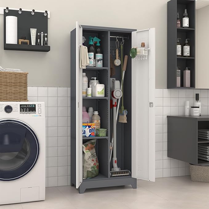 Broom Closet, Metal Storage Cabinet with Hanging Rod, 65" Broom Tool Organizer, Metal Cabinet with Doors and Shelves, Tall Cleaning Storage for Home, Office, Garage, Balcony
