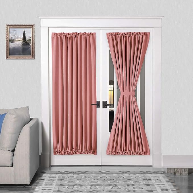 DWCN French Door Curtains – Rod Pocket Thermal Blackout Curtain for Window/Doorways/Kitchen/Classroom/Patio Doors for Privacy, 54W by 72L Inches, 1 Panel with Tieback, Dry Rose