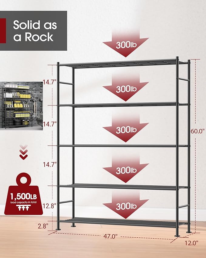 Storage Shelves - 5 Tier Shelf Organizer, Sturdy Metal Garage Shelving with Adjustable Leveling Feet, Space-Saving Shelves Organizer for Pantry, Laundry, Kitchen (47" x 12" x 60", Black)