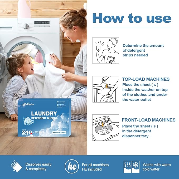 Laundry Detergent Sheet, Eco-Friendly & Hypoallergenic Wash Strips, Natural Ingredients, Ultra-Concentrated, Travel-Ready, No Plastic Jug- Unscented, (240 Loads) 120 Sheets