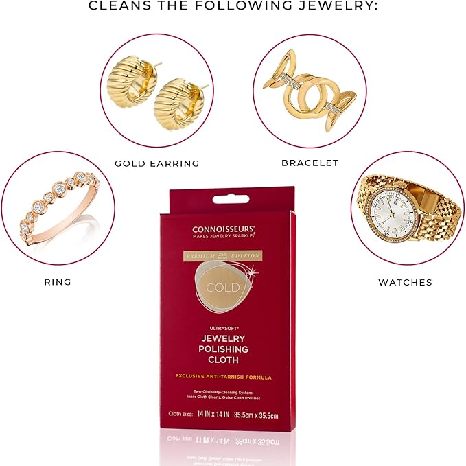 CONNOISSEURS Premium Edition Extra Large Polishing Cloth for Gold Jewelry - Ultrasoft Fabric with Anti-Tarnish Formula - 14x14 Inches