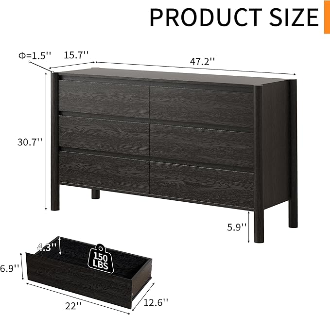 Dresser for Bedroom with 6 Drawers,47" Wide Oak Dresser with 4 Solid Wood Legs, Wooden TV Stand,Closet Clothes Organizer for Bedroom, Hallway