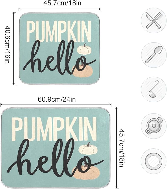 Hello Pumpkin Turquoise Fall Dish Drying Mat for Kitchen Countertop 18x24 Aqua Teal Autumn Large Drying Mat Reusable Quick Dry Dish Sink Mats Easy Clean Decorative Essentials