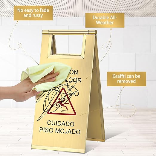 Kigley 2 Pcs Wet Floor Sign, 17 Inch Stainless Steel Caution Wet Floor Sign Double Sided Portable Foldable Bilingual Safety Warning for Hotel Market Restroom Restaurant Office (Gold)