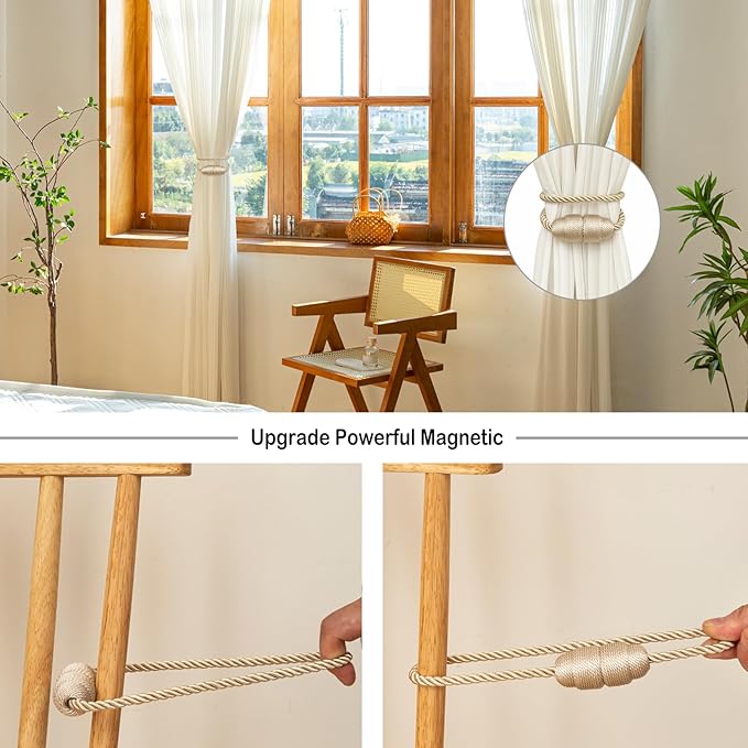 Magnetic Curtain Tiebacks - Rope Tiebacks for Curtains & Drapes, Decorative Window Holdbacks (2 Pack, Beige)