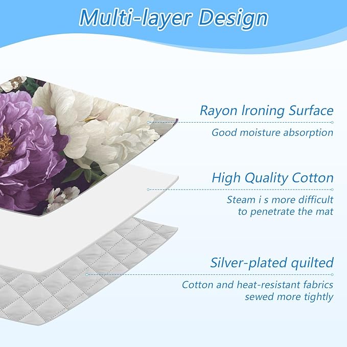 Rose Floral Purple and White Ironing Mat for Table top Portable Ironing Pad Blanket for Washer Dryer Countertop Travel