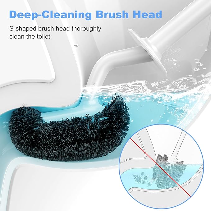 HAMITOR Toilet Bowl Brush Holder Set: Curved Design with Holder for Deep Cleaning Under Rim - Compact Hidden Scrubber for Small Space - Modern RV Bathroom Accessories - White
