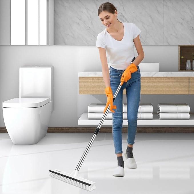 SetSail Upgraded Large 12 in Wide Floor Scrub Brush with 51-Inch Long Adjustable Handle 2 in 1 Scrape Brush Stiff Bristle Floor Scrubber for Cleaning Shower Bathroom Garage Kitchen Wall Deck Tub Tile