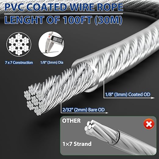 1/8" Wire Rope Kit, 100 Ft PVC Coated Steel Cable Guide Wire Tensioner Strainer Kit w/ 7×7 Strand Core Steel Wire for String Light Hanging Kit/Decking & Stair Railings/Shade Sails/Clothes Line