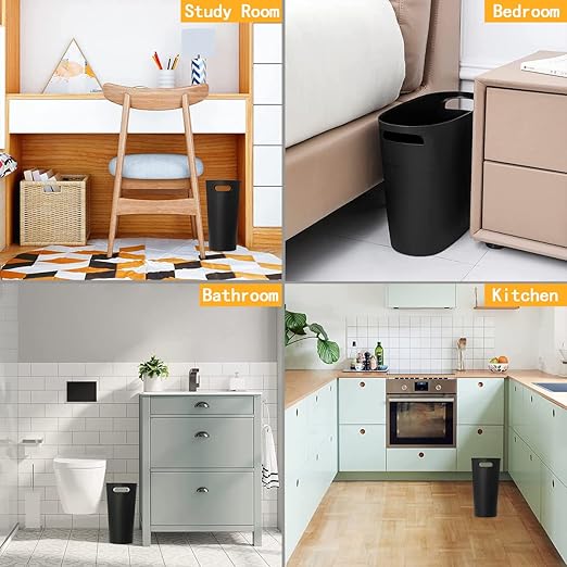 HZSOOCH 3 Pack Slim Waste Basket 3.2 Gallon 12L Plastic Small Trash Can, Office Trash Can, Slim Garbage Container Bin, Small Wastebasket with Handles for Narrow Spaces Bathroom, Kitchen (Black)