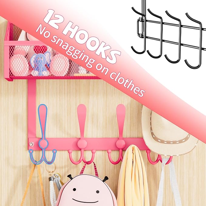 Over The Door Hooks Organizer, Coat Rack Over The Door Storage Hanger Towel Rack, Back of Storage Organizer for Bathroom,Bedroom,Kitchen,Office(Pink 2-Tier)