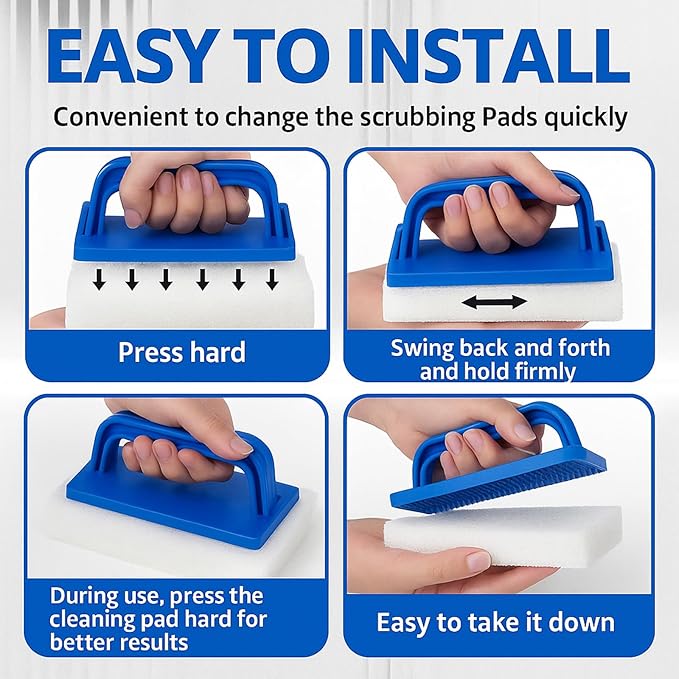 6 Pcs Hand Scrubber, Bathtub Scrubber with Handle, Non-Scratch Bathroom Scrubbing Pads for Cleaning Shower Tile Bathtube Sink Swimming Pool Step & Corner (Blue)