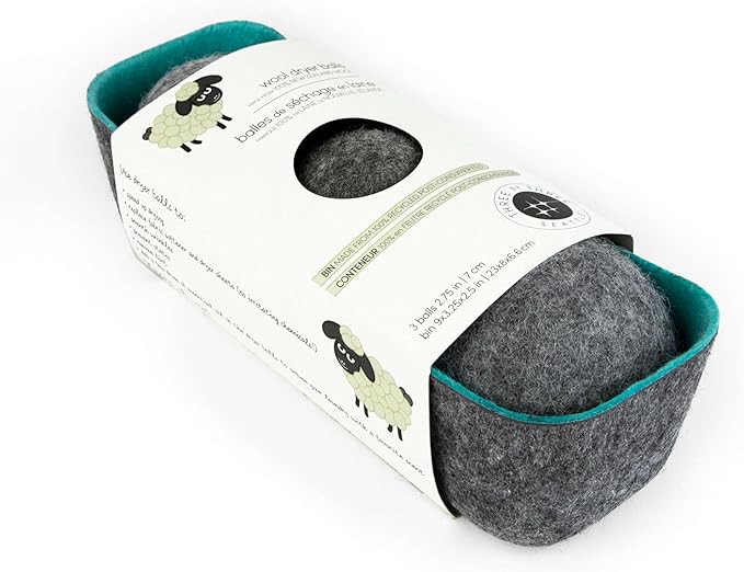 Three by Three Seattle Felt·Like·it!™ XL Wool Dryer Balls + Storage Bin: Reduce Drying Time, Static Cling, and Energy Use | Natural Alternative to Fabric Softeners | (Pack of 3 Grey Dryer Balls)