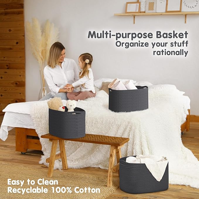 CHAT BLANC Cotton Rope Baskets for Organizing | Storage Baskets for Shelves | Rope Basket for Storage, Small Laundry Woven Baskets for Dog Toy Bin, Baby items, Graphite 3 Pack