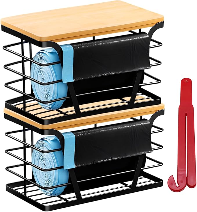 2 - Pack Trash Bag Dispenser with Bamboo Top, Stackable Garbage Bag Holder, Large Capacity Trash Bag Storage Space-Saving Trash Bag Holder Dispenser Storage Solution, Trash Bag Storage Organizer.