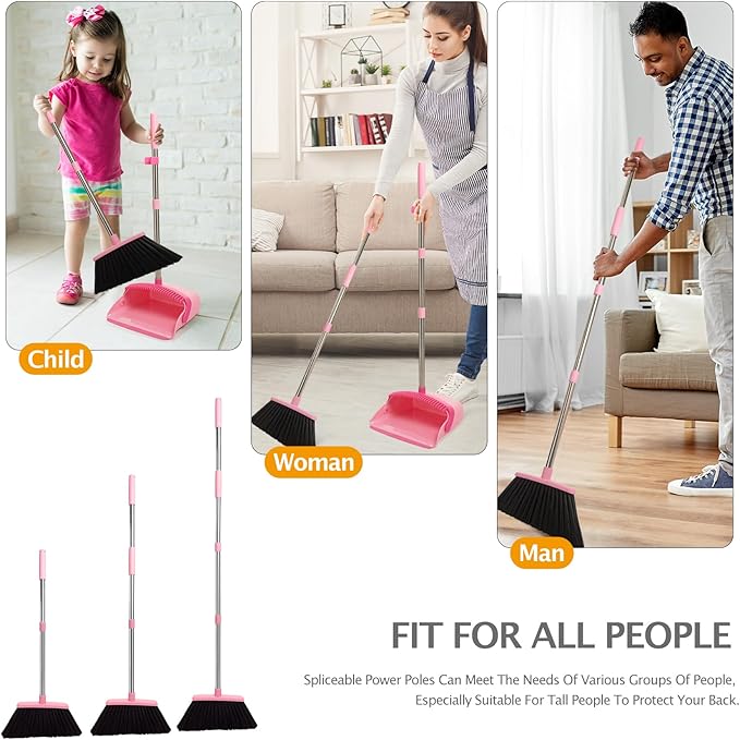 Broom and Dustpan Set, Dustpans with Broom Combo for Home, Heavy Dust Broom and Dustpan Combo, Long Handle Dust Pan and Broom Set for Kitchen, Office, Pet Hair,Pink, Pack of 1