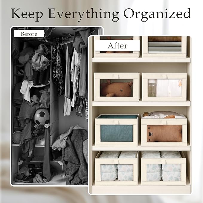 Criusia Linen Closet Organizers and Storage, 8 Pack Large Linen Closet Baskets with Mesh Window for Organization, Foldable Closet Organizer for Clothing, Towels, Toys, Nursery, Books, Shelves, Beige