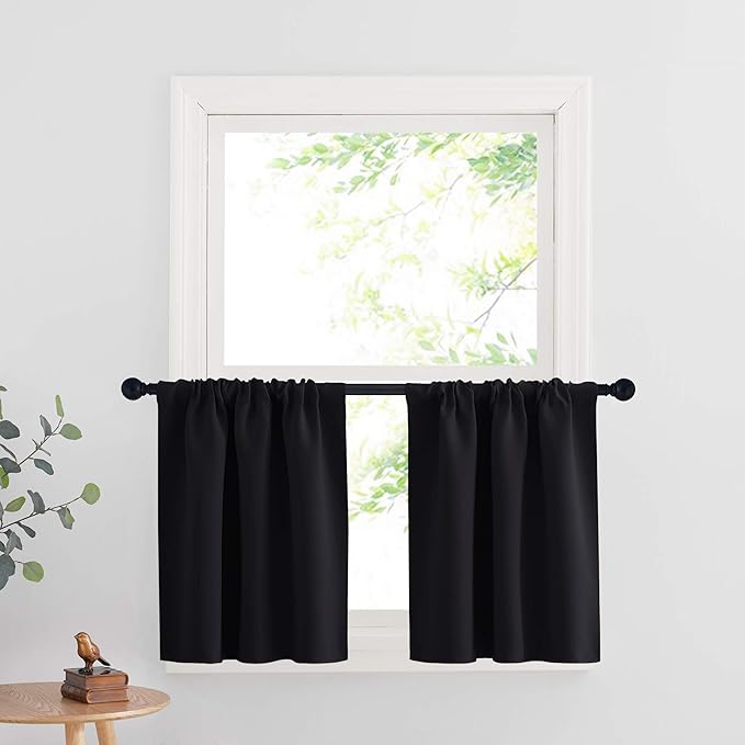 RYB HOME Blackout Curtains for Kitchen, Over Sink Privacy Curtains Window Decor, Thermal Insulating Drapes for Bathroom Cafe Bedroom Small Window, W 42 x L 24 inch, Black, 2 Panels