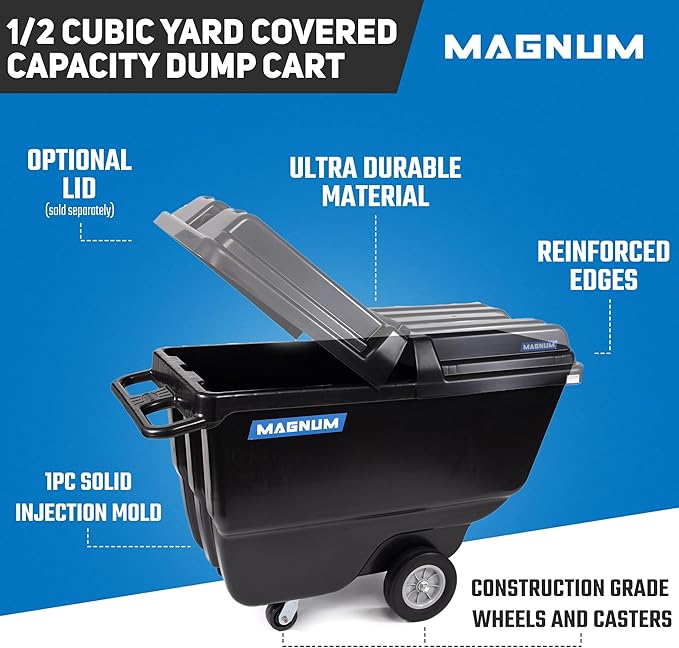 Tilt Truck, 1/2 Cu. Yd. Capacity Dump Cart with Heavy Duty 12” Wheels & 5” Casters for Handling, Transporting on Construction Jobsites, 750 lbs, Trash Cart with Wheels DUC12A-04PK (4-Pack)