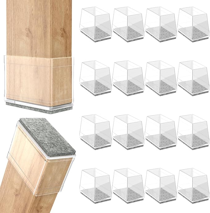 Rectangle Chair Leg Protectors for Hardwood Floors,16 PCS Silicone Covers to Protect Wood Tile Floors Felt Pads Furniture Leg Caps Reduce Noise. Easy to Move. (Clear,1 x 1.25 Inch, Rectangular)