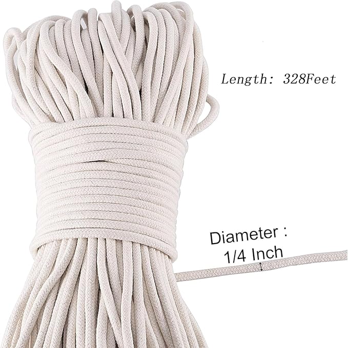 ZOENHOU Cotton Rope, 328 Feet, White, Natural, Clothesline, Strong, Laundry Line, DIY Crafts, Art Projects, Garden Decor