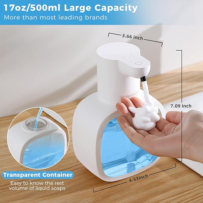 Automatic Foaming Soap Dispenser, 17oz/500ml Touchless Rechargeable with 4-Level Adjustable & IPX5 Waterproof - Level Display for Wall/Tabletop Use in Bathroom, Kitchen, White