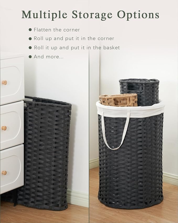 Laundry Hamper with Lid Wicker Laundry Hamper Round 26.5 Gal (100 L) Laundry Basket Handwoven Rattan Laundry Basket with Removable Bag Handles 2 Mesh Bags for Living Room Bedroom Black