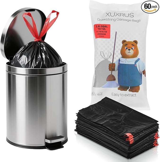 XUXRUS 2.6-3 Gallon Black Bathroom Drawstring Trash Bags - 60 Count Folded Small Garbage Bags, Tear-Resistant & Leak-Proof, Odor Control Liners for Bathroom, Kitchen, Office – Heavy Duty Trash Bags