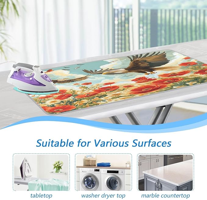 Vivid Poppy Wildflowers and Eagles Ironing Mat Thickened Ironing Blanket Travel Portable Double-Side Using Ironing Pad Travel Isolate Heat Pad Cover for Washer Dryer Table Top Countertop 27.6x4