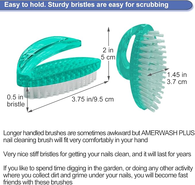 Handle Grip Nail Brush for Cleaning Fingernails Hands & Under Nails, Stiff Bristle Mechanic Scrub Brush Cleaner for Men Women, Pedicure Scrubbing Tool Kit - 4 Green