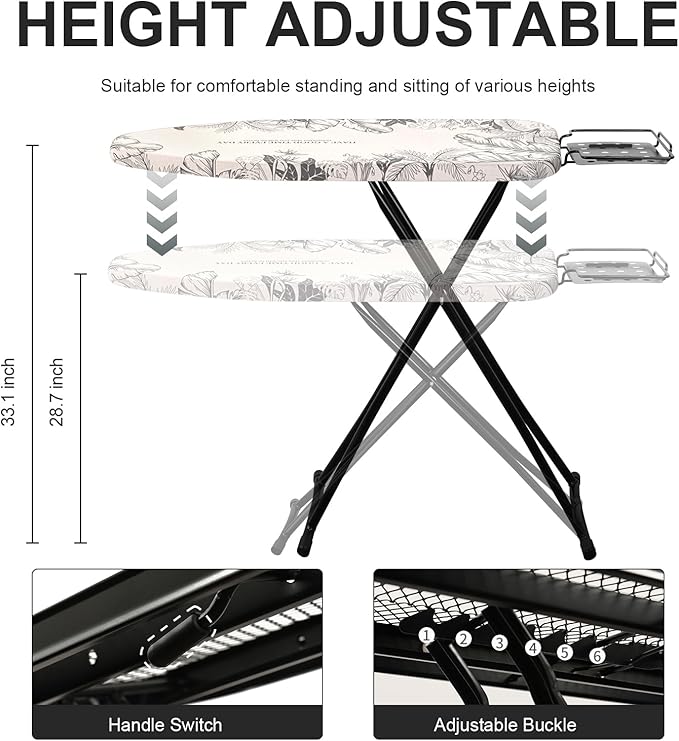 Ironing Board,Foldable Ironing Board Adjustable Height Compact Iron Board Thick Steel Tube Iron Board with Holder,Replacing Cloth Cover and Mini Handheld Gloves(Leaf Print)