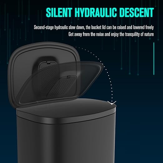 13 Gallon Stainless Steel Foot Pedal Large Trash Can with Soft Close Quiet Curved Surface Top Lid and Deodorant Storage Space, with 30 Garbage Bags for Kitchen/Home/Office Trash can and More - Black
