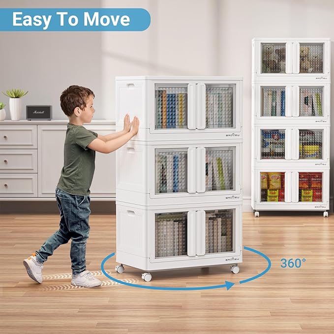 BROVIEW 160Gal Stackable Storage Bins with Lids & Wheels, 640Qt Plastic Collapsible Closet Organizer and Storage Drawers, Storage Boxes Cabinets for Home, Office, 8 Pack, White