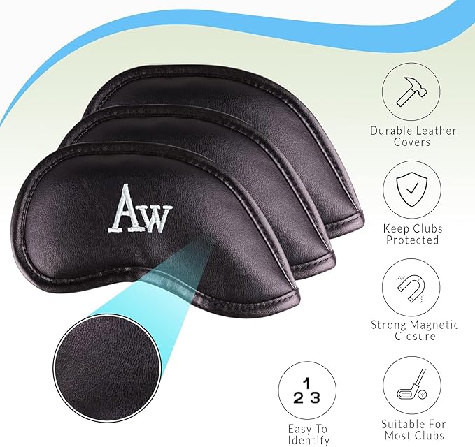 Premium Magnetic Leather Iron and Wedge Golf Club Head Covers | Set of 10 | Fits Most Clubs | Embroidered Club Label on Both Sides of Club Head Cover