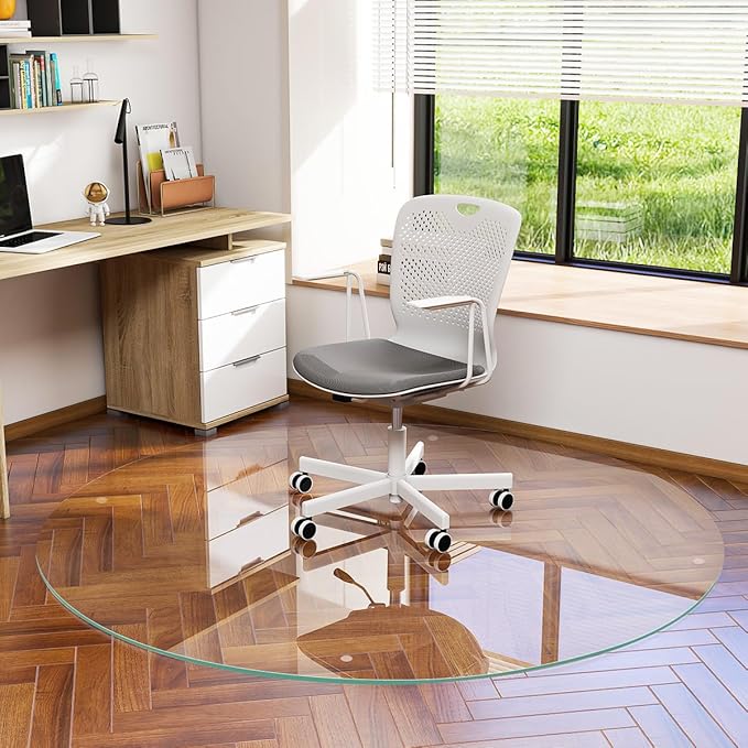 [Tempered Glass] 55" x 55" Round Glass Chair Mat, Heavy Duty Hard Floor Mat with Round Corner and Polished Edge, Office Chair Mat for Carpet Office Home Hardwood Floor Desk