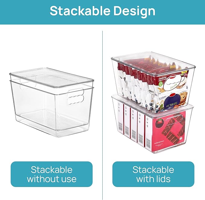 Vtopmart 2 Pack Clear Stackable Storage Bins with Lids, Large Plastic Containers with Handle for Pantry Organizer and Storage,Perfect for Bathroom,Cabinet,Kitchen,Fridge,Closet Organization