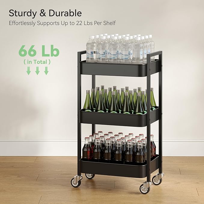 3 Tier Rolling Cart,Utility Cart with Locking Wheels, Hanging Cups & Hooks, Heavy Duty Metal Storage Organizer Cart for Kitchen,Office, Bathroom,Craft Room,Black