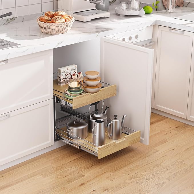 Pull Out Cabinet Organizer,Heavy-Duty Slide Out Shelf, Wood and Wire Basket, Pull Out Drawer for for Kitchen Under Sink Space, Pantry, Bathroom, 2 Tie 20 * 21 in